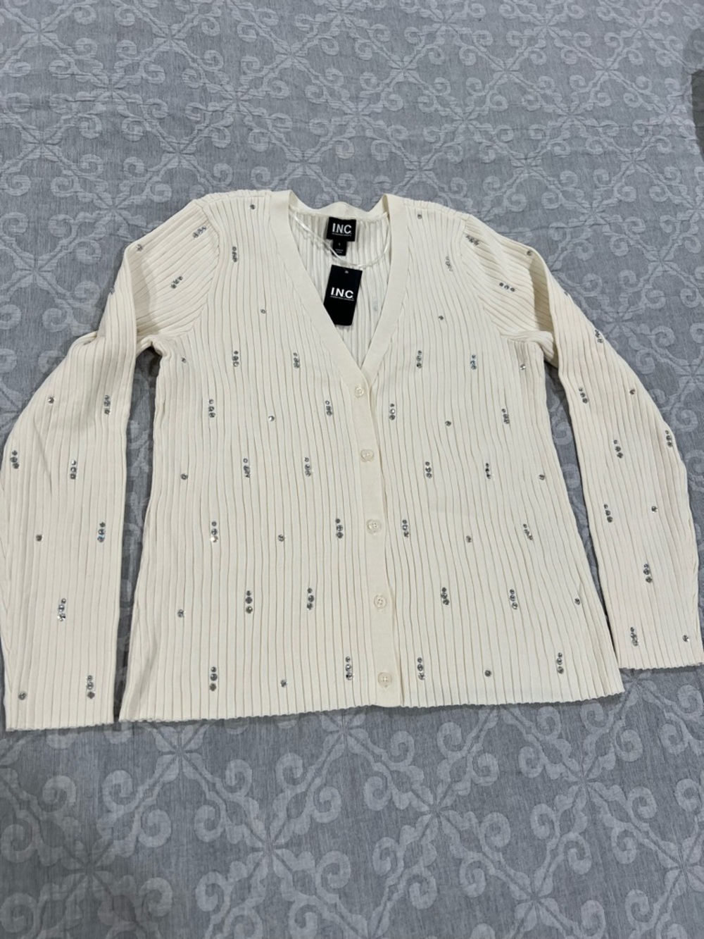 INC International Concepts Cream Ribbed V-Neck Cardigan with Embellishments